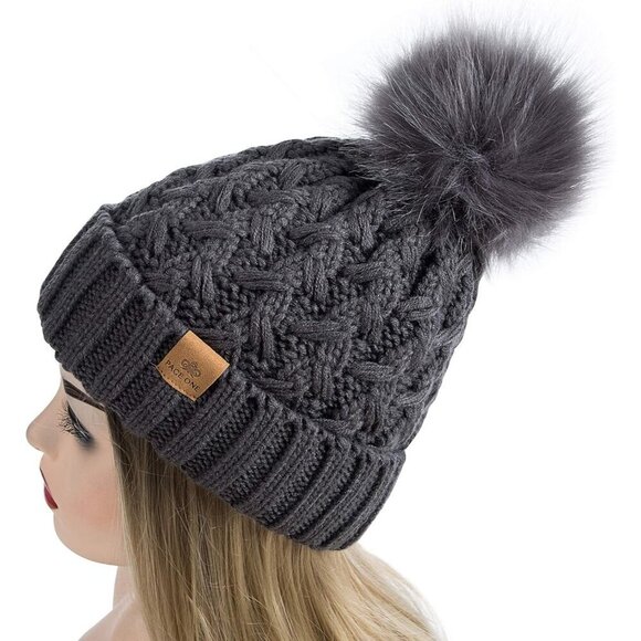 Women’s Dark Grey Winter Ribbed Beanie Hat Chunky Cable Knit Pompom Warm
